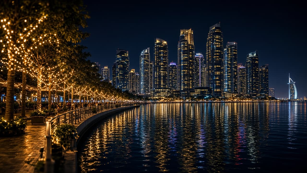 Dubai Marina at night with warm festive lights on the waterfront